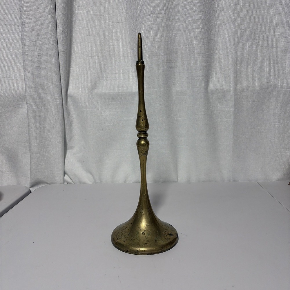 Vintage Brass Candle Holder Etched Floral Designs India Decor 14 Inch